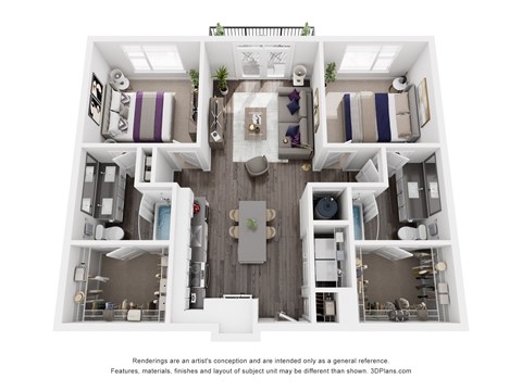 The King | Glenn Perimeter A 3D floor plan of a house with a kitchen, living room, and two bedrooms.